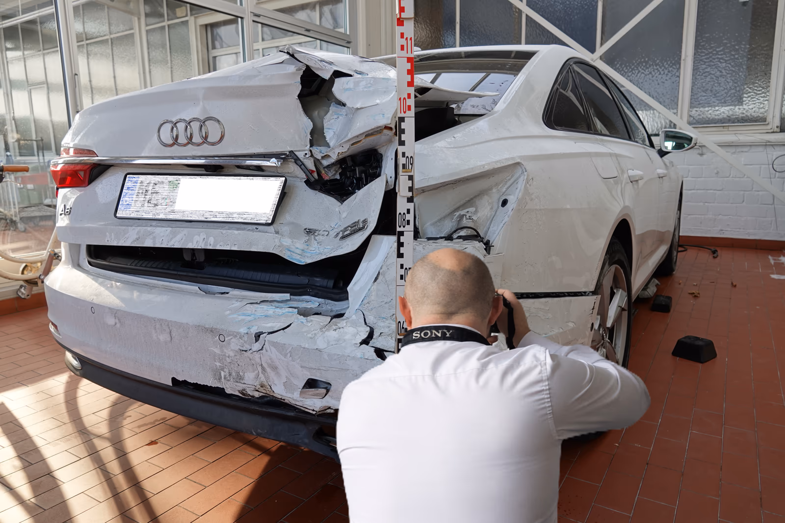 Dokumentation eines erheblichen Fahrzeugschadens mit Messskala